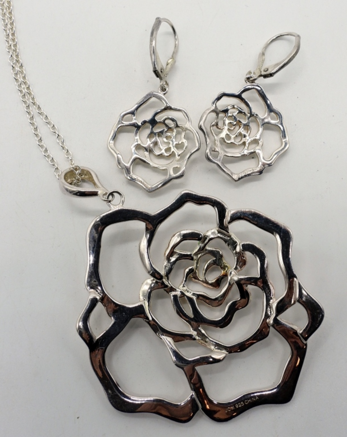 Rose Outline Sterling Necklace & Earrings