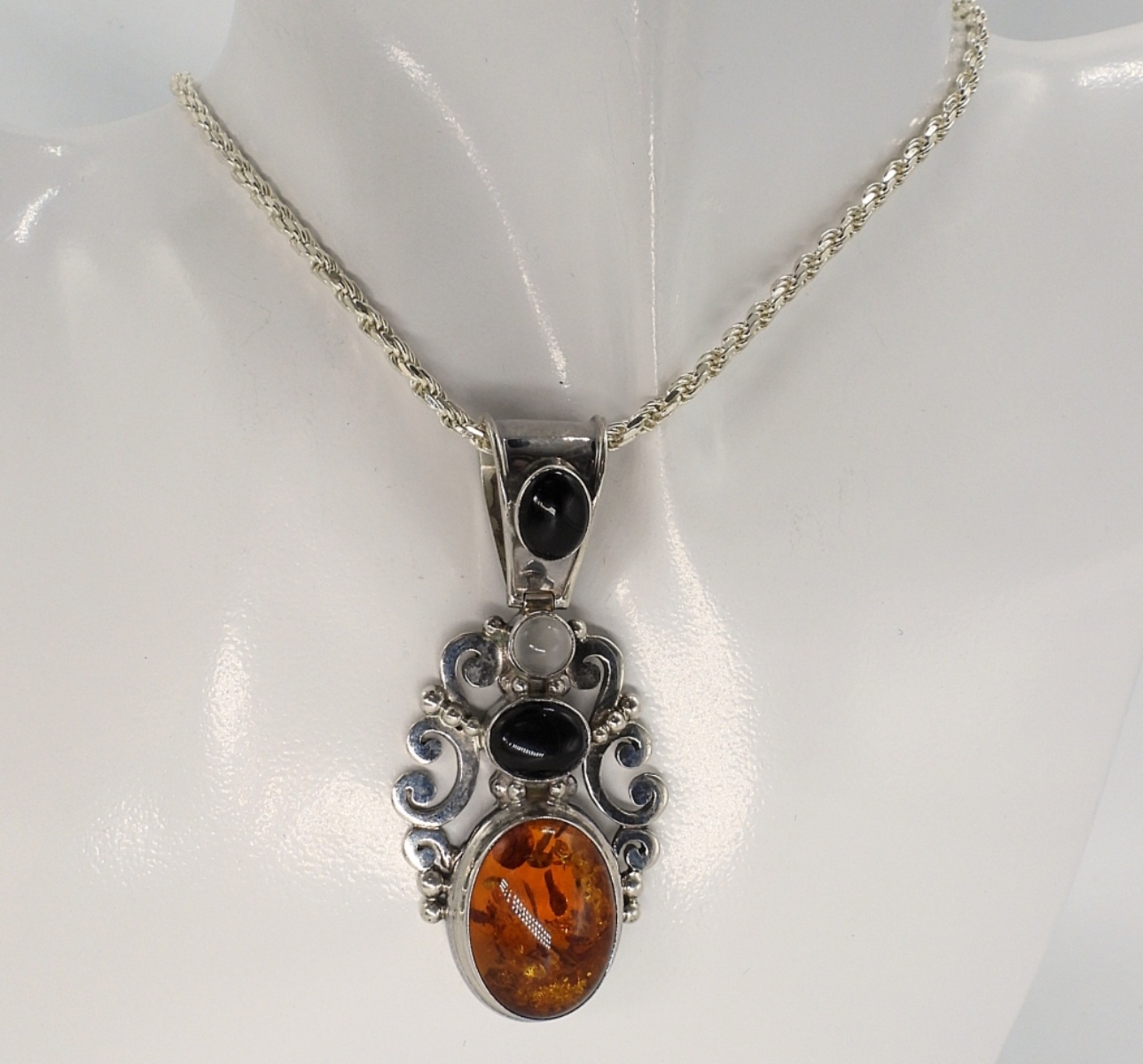 Amber & Black Onyx Sterling Necklace