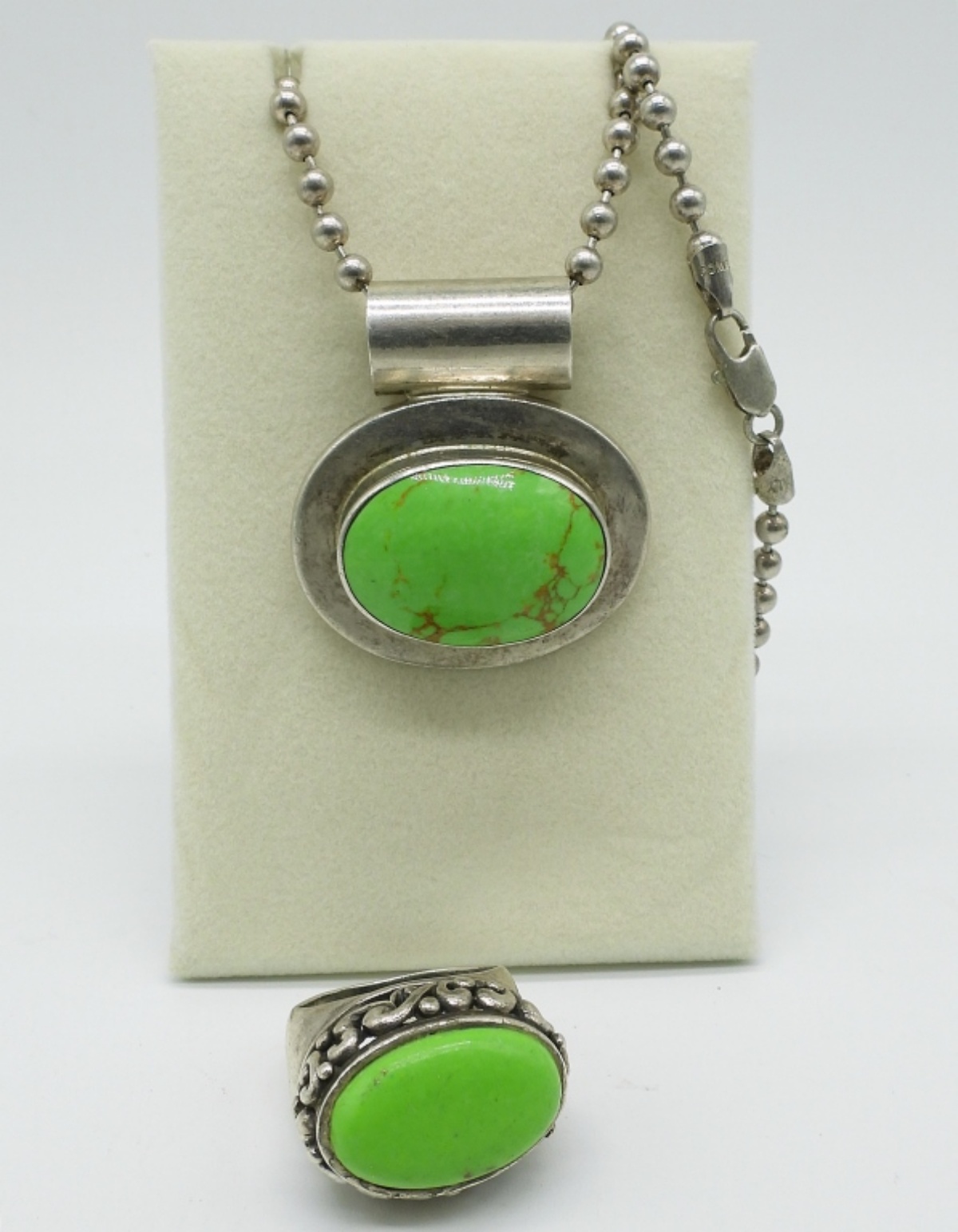 Green Turquoise, Taxco 925 Necklace & Ring