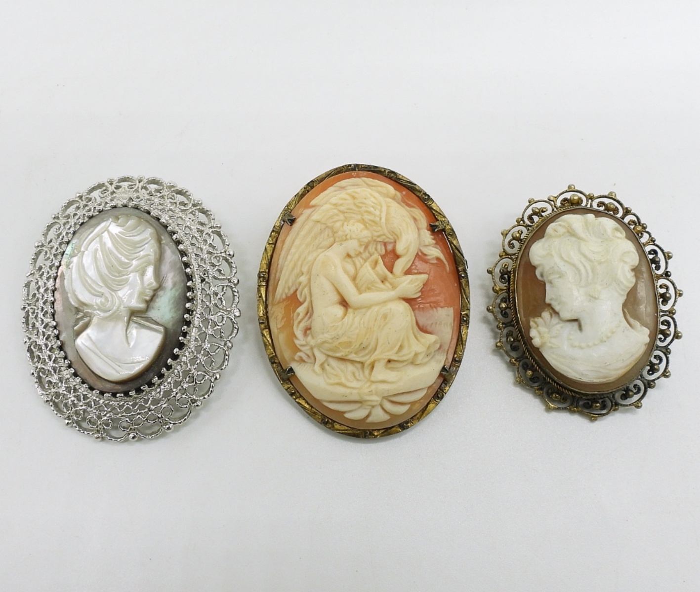 3 Sterling Vintage Cameo Brooches