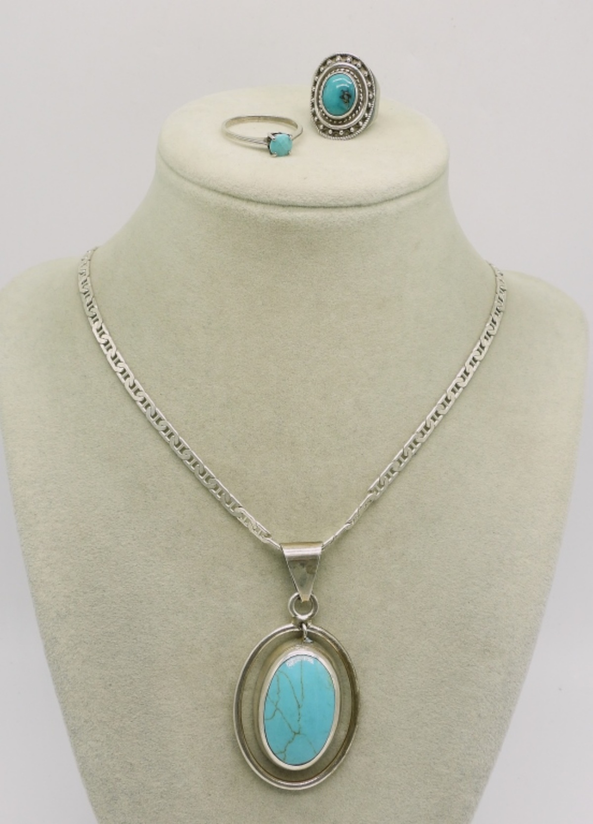 Large Taxco Turquoise Pendant, Chain & Rings