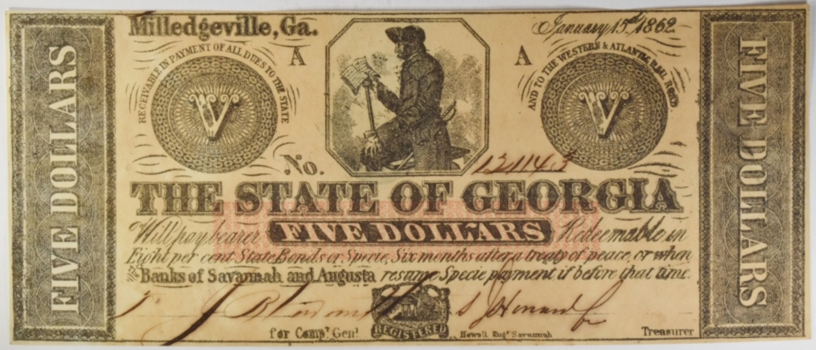 1862 State of Georgia $5 Obsolete Note
