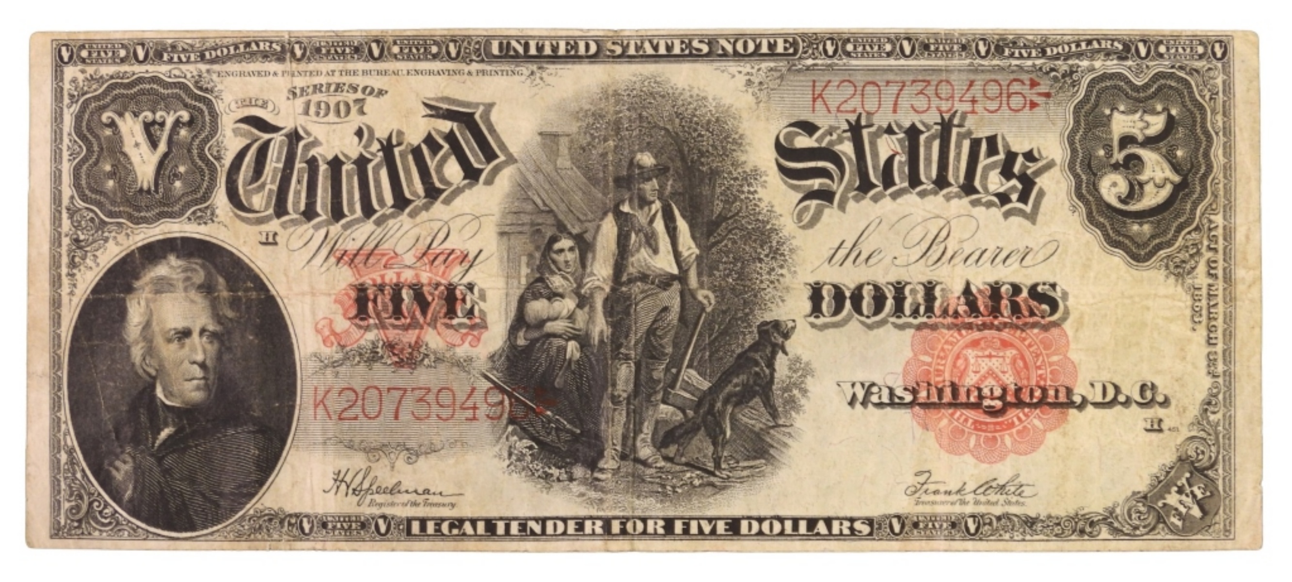 1907 $5 Legal Tender SN K20739496 Wood Chopper