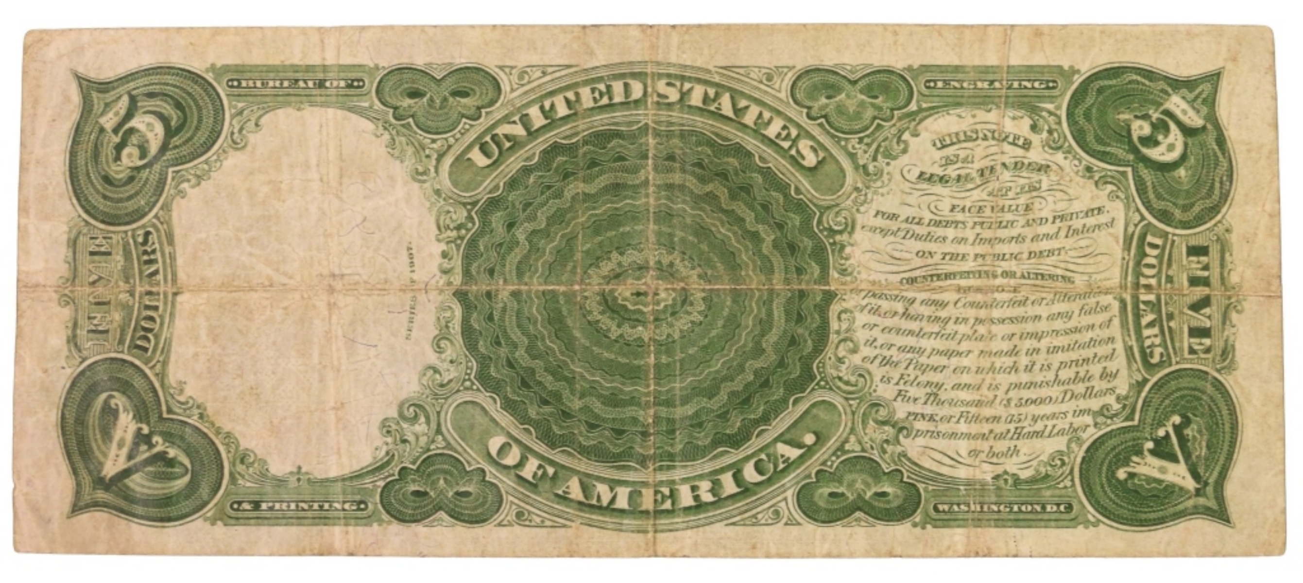 1907 $5 Legal Tender SN K20739496 Wood Chopper