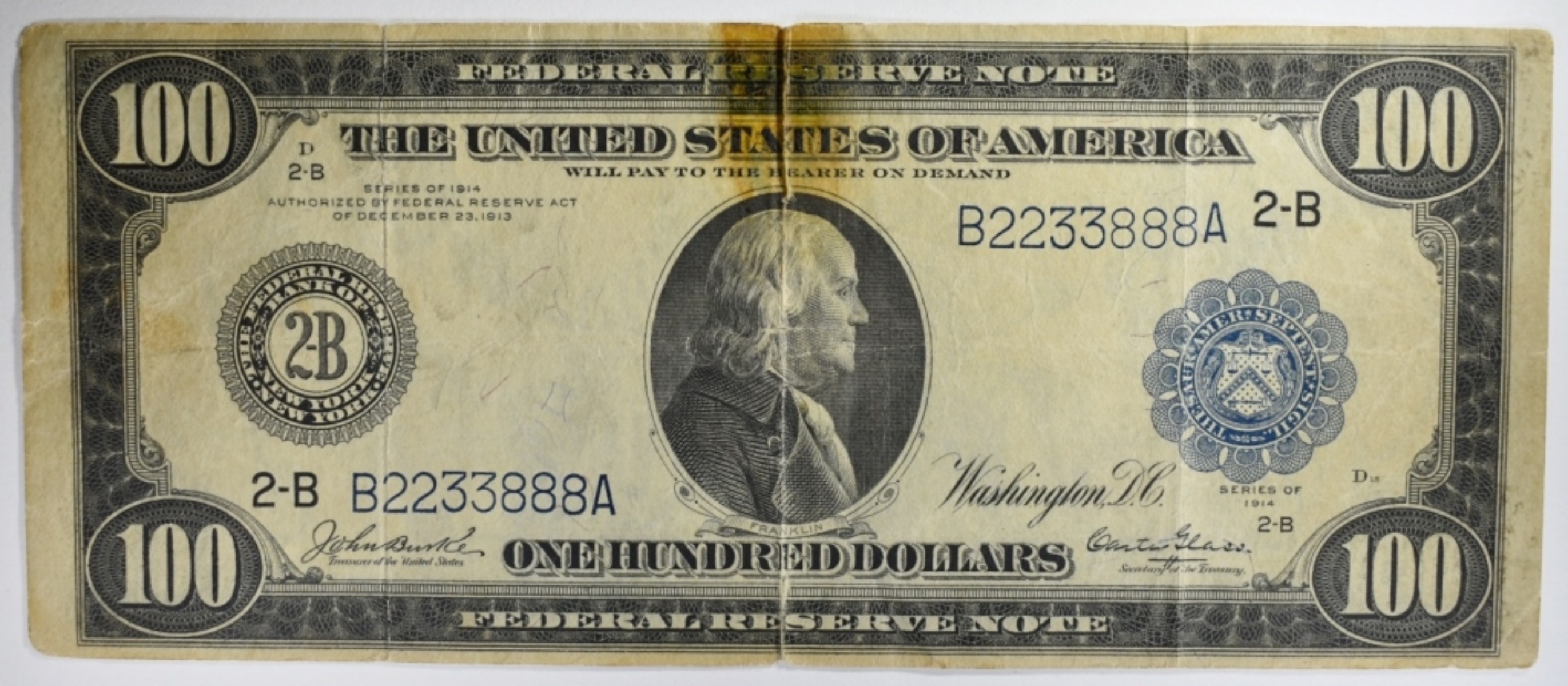 1914 $100 Federal Reserve Note SN B2233888A 2-B