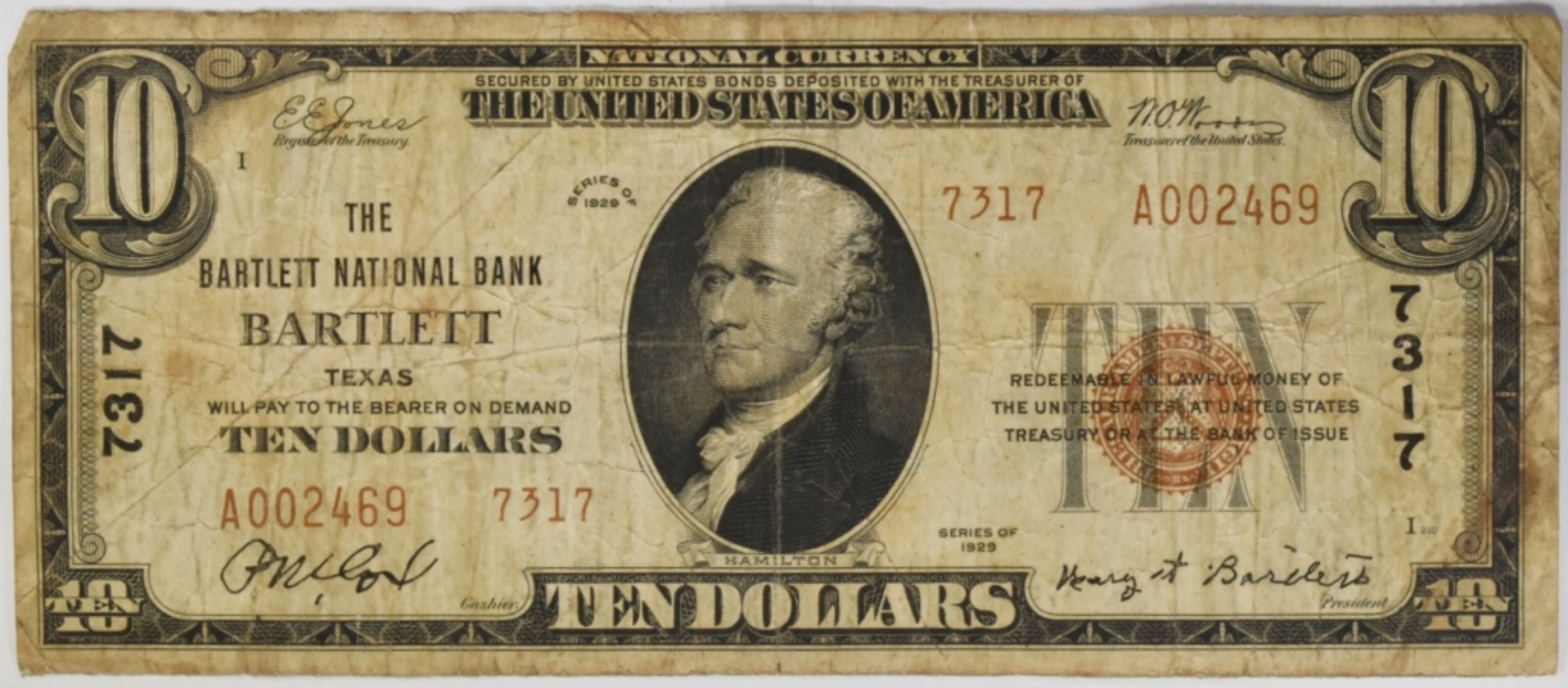 1929 $10 Bartlett National Bank Bartlett, TX