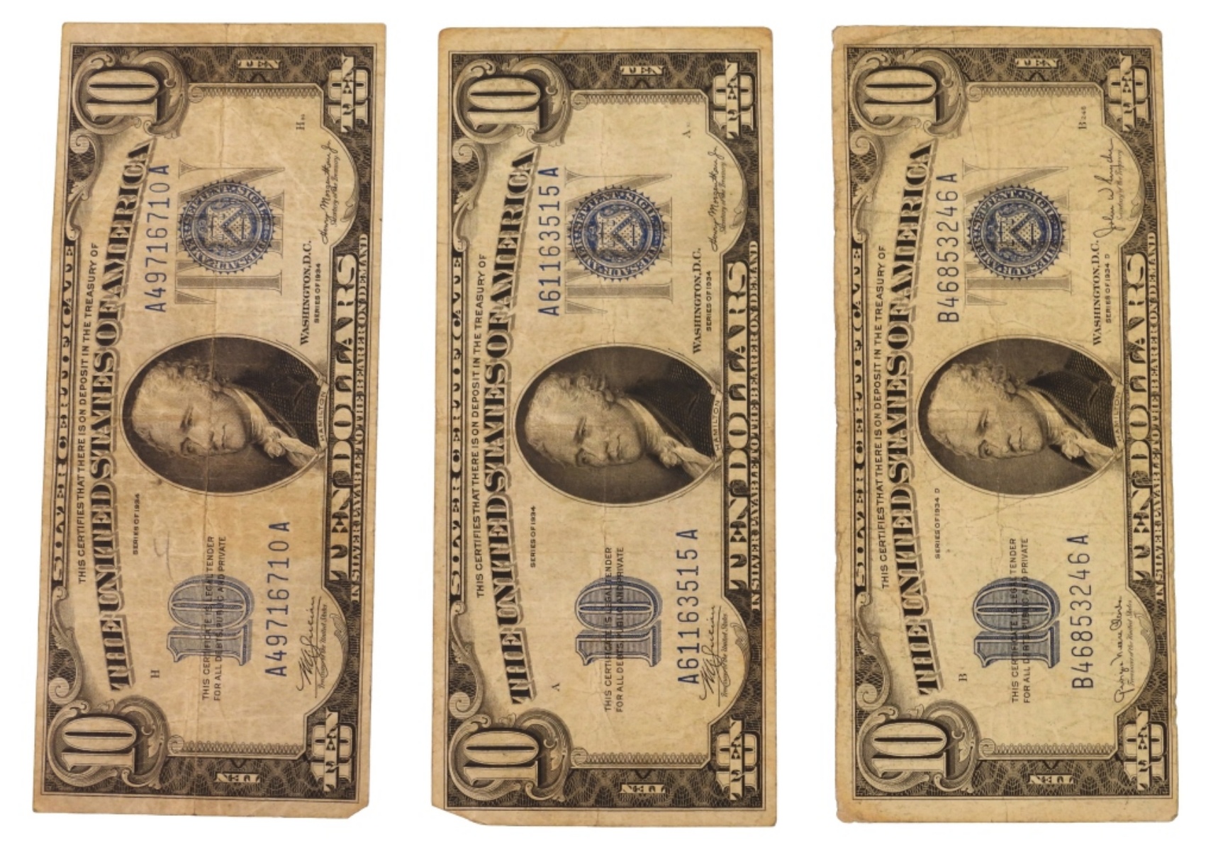 Lot of 3 $10 Silver Certificates