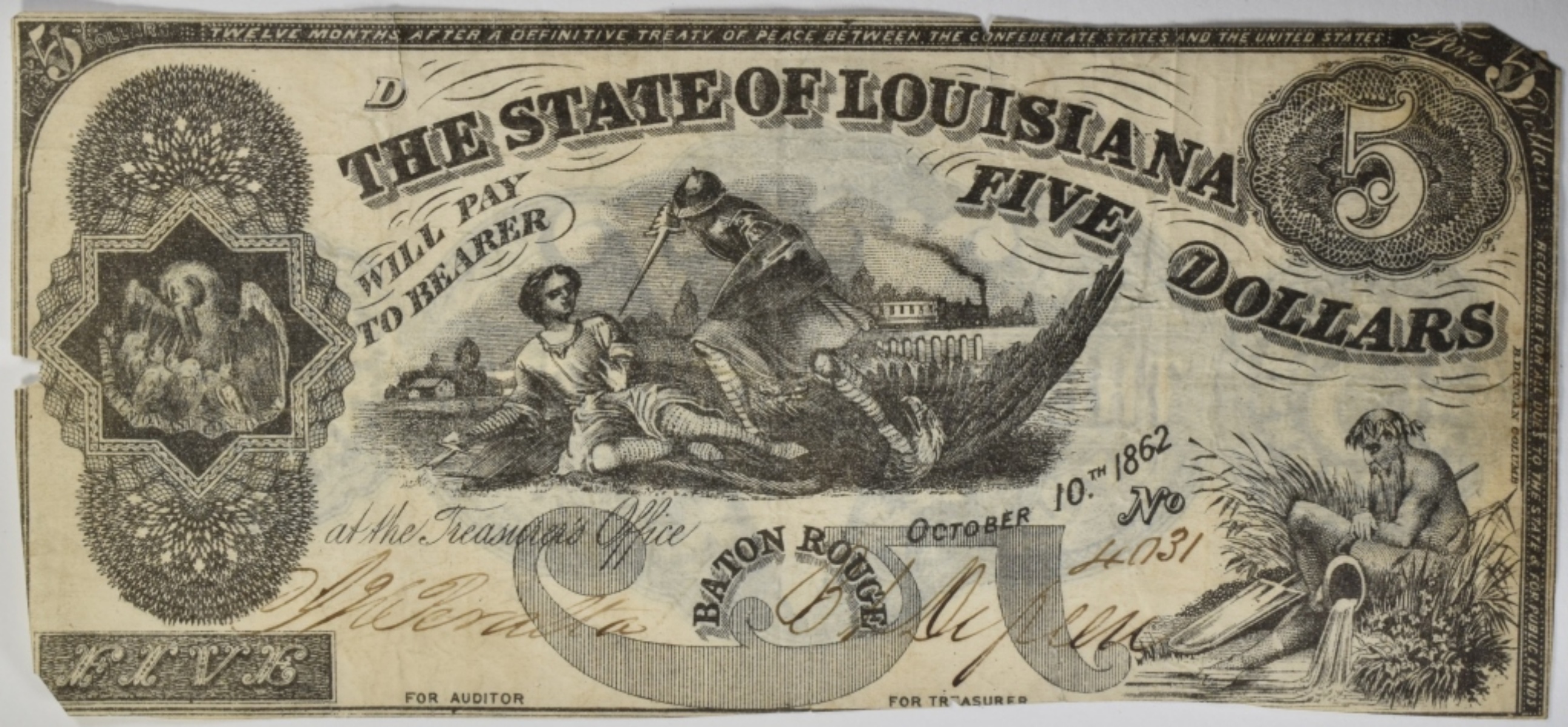 1862 State of Louisiana Baton Rouge $5 Bank Note