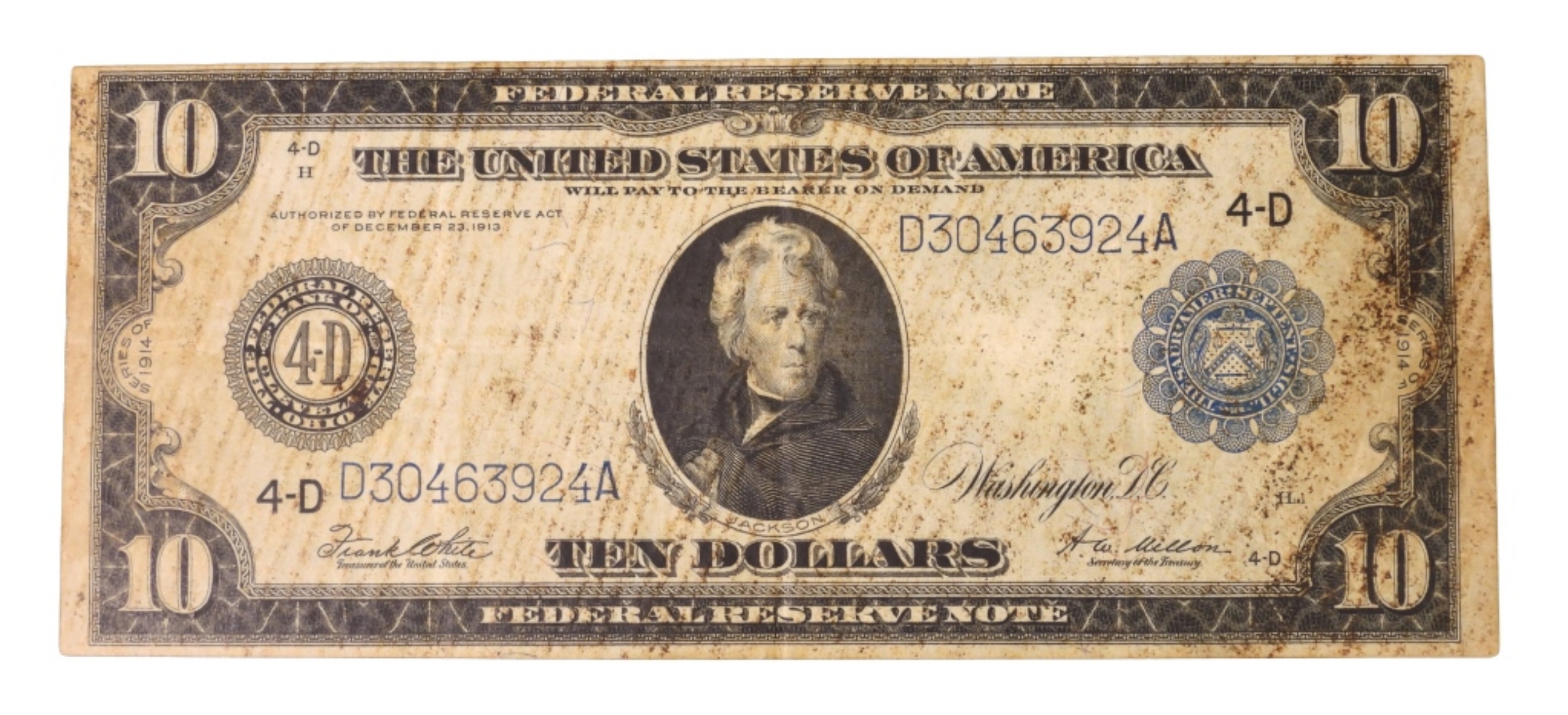 1914 $10 Federal Reserve Note SN D30463924A 4-D