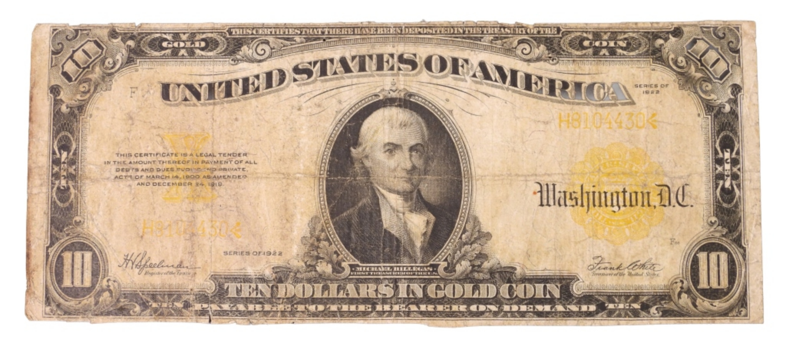 1922 $10 Gold Cert SN H8104430