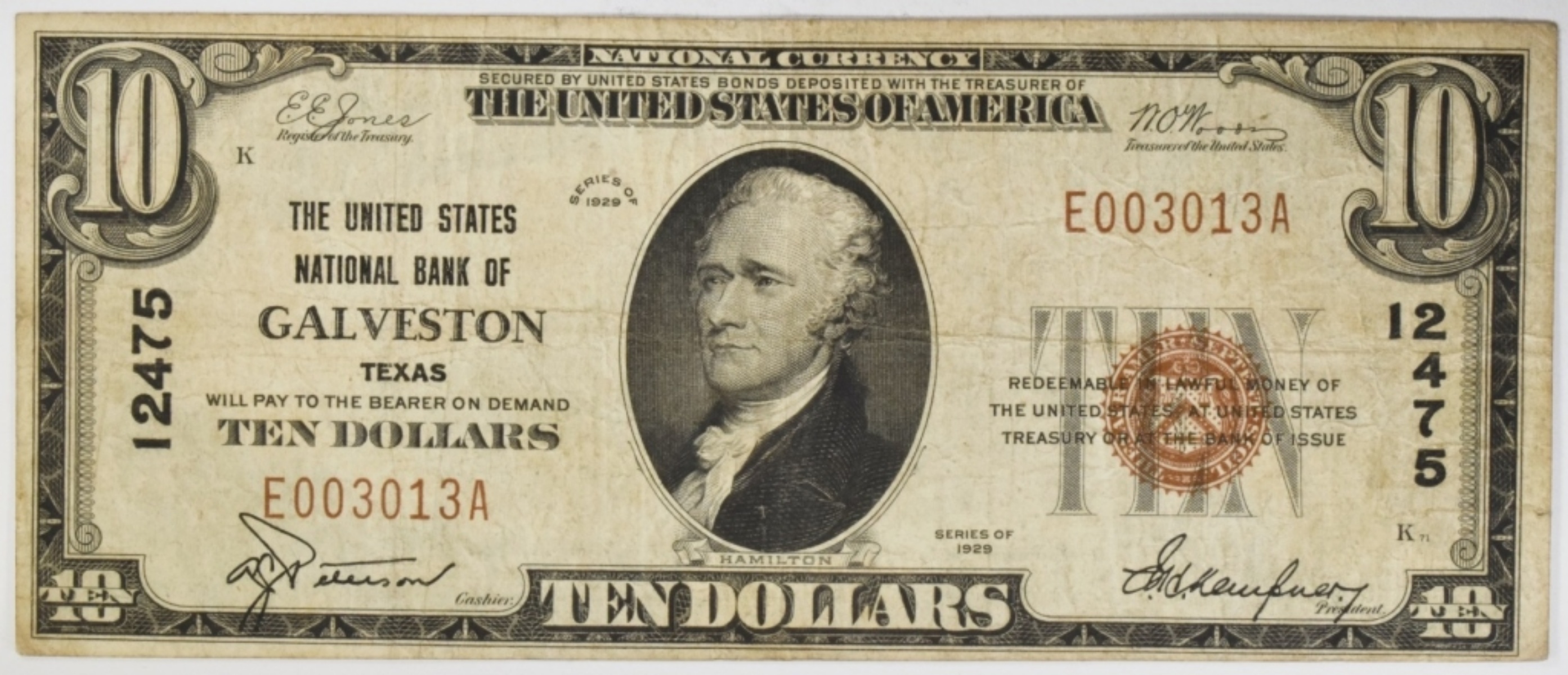 1929 $10 The US National Bank of Galveston, TX