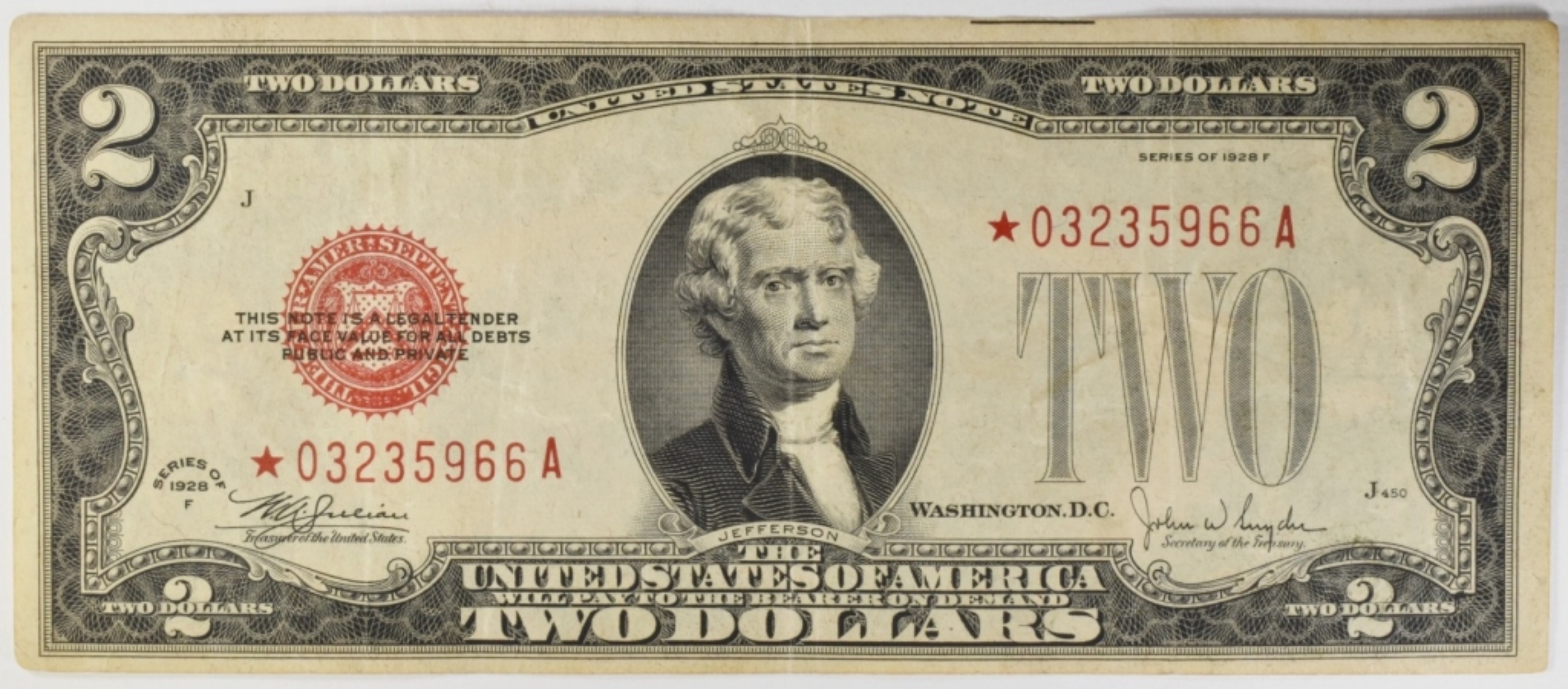 1928F $2 Red Seal Star Note SN 03235966A