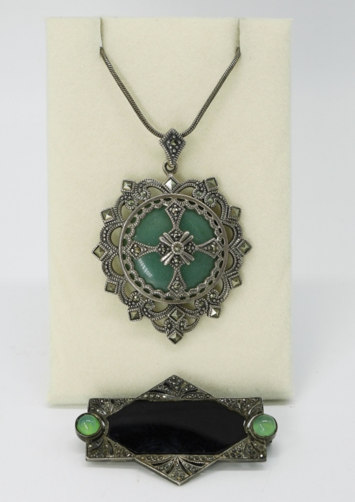 Chrysophase, Onyx & Marcasite 925 Necklace, Pin