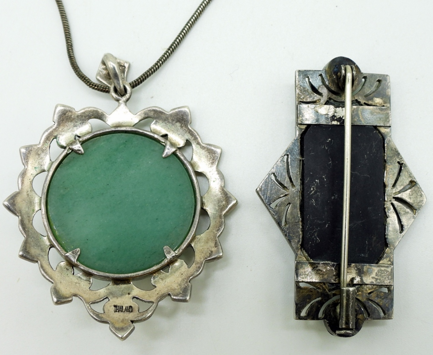 Chrysophase, Onyx & Marcasite 925 Necklace, Pin