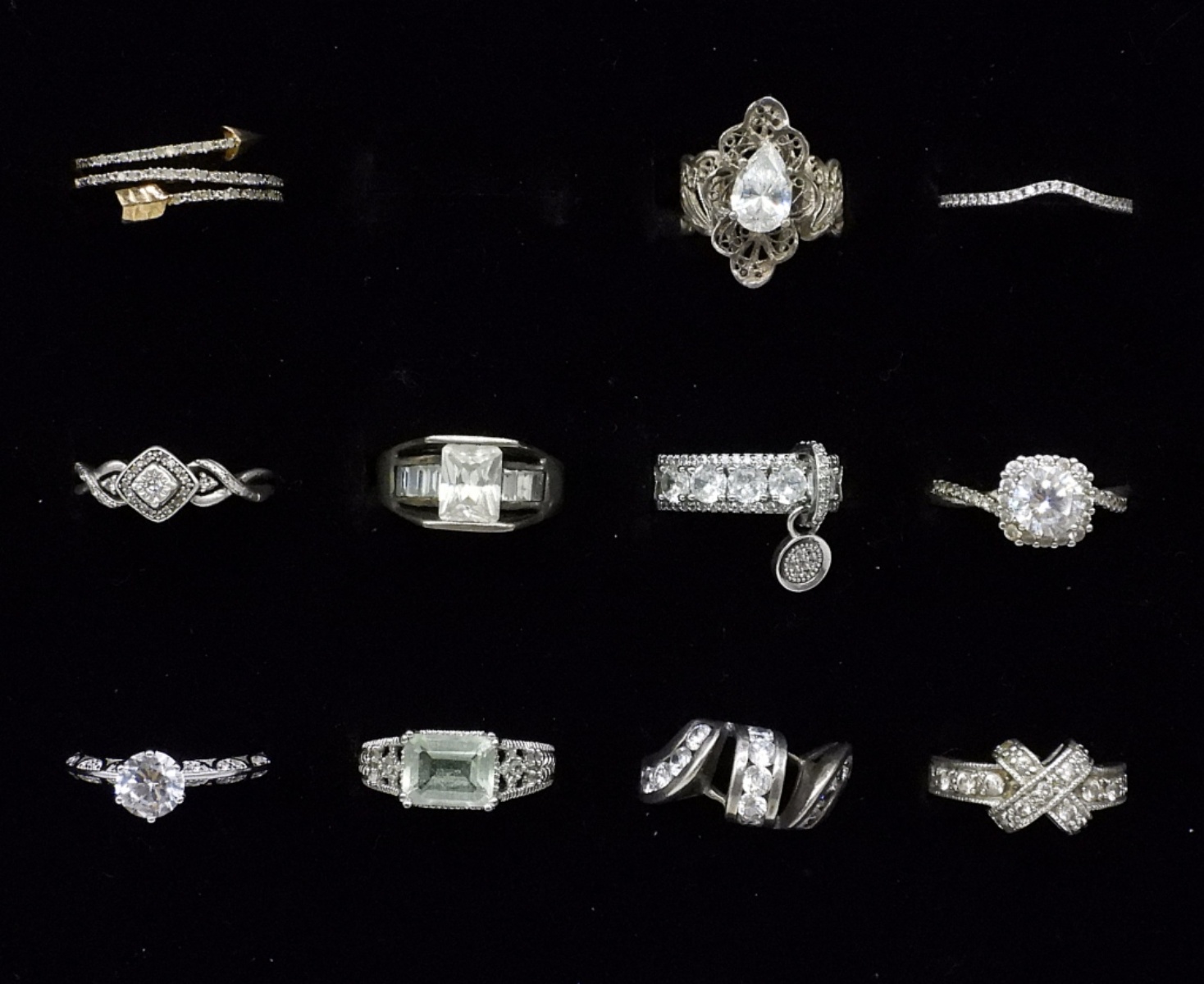 11 Sterling Rings, Diamond, Simulants & Glass Gems