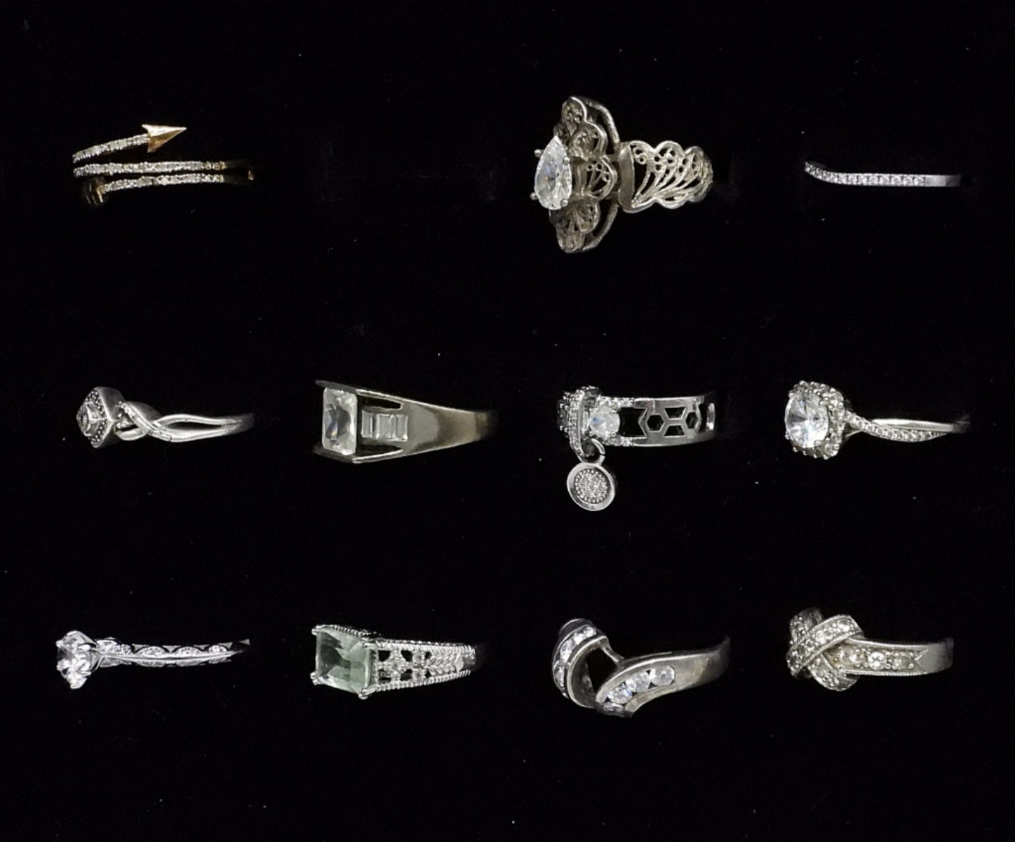 11 Sterling Rings, Diamond, Simulants & Glass Gems