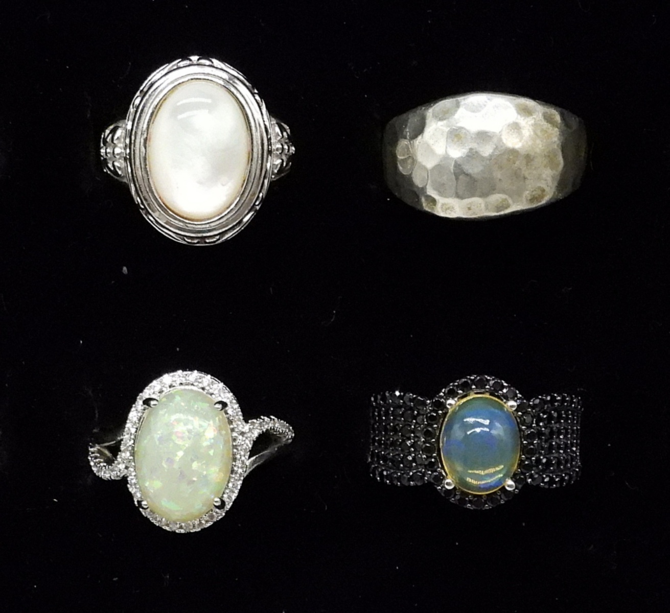 Four Sterling Fashion Rings, Opal, Mother of Pearl