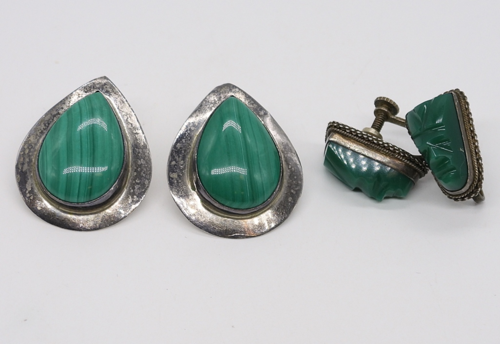 Carved Green Onyx & Malachite 925 Earrings