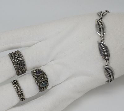 Leaf Design Bracelet and Rings, Sterling. Sterling leaf design bracelet, 8.5" long. Three 
