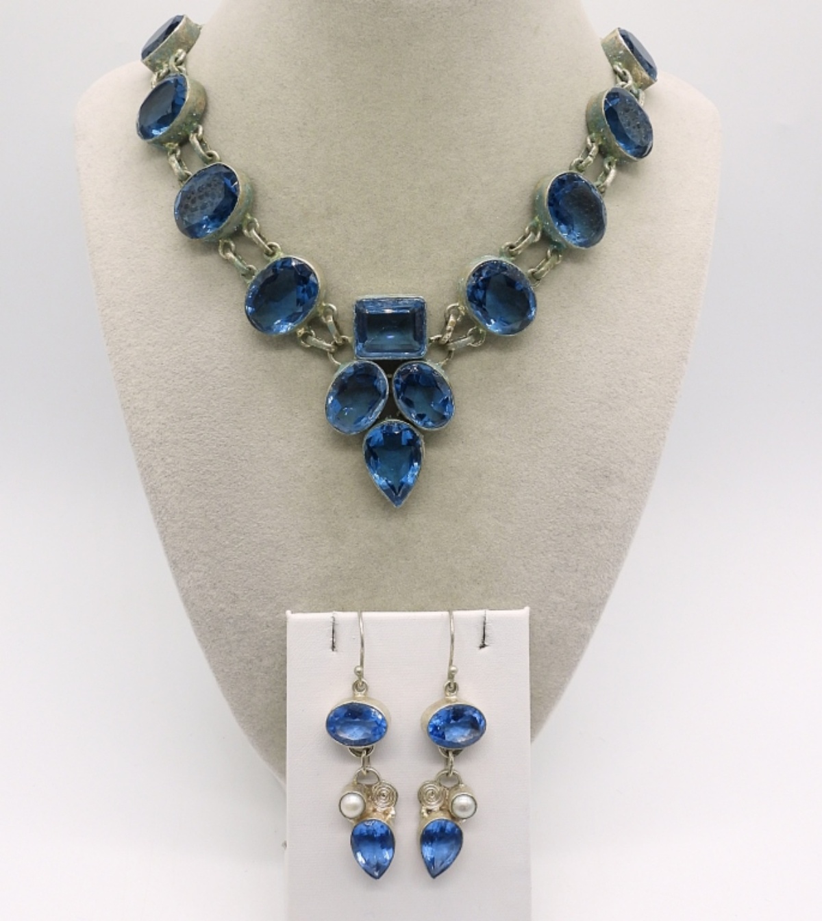 Vintage 925 Blue Crystal Necklace & Earrings