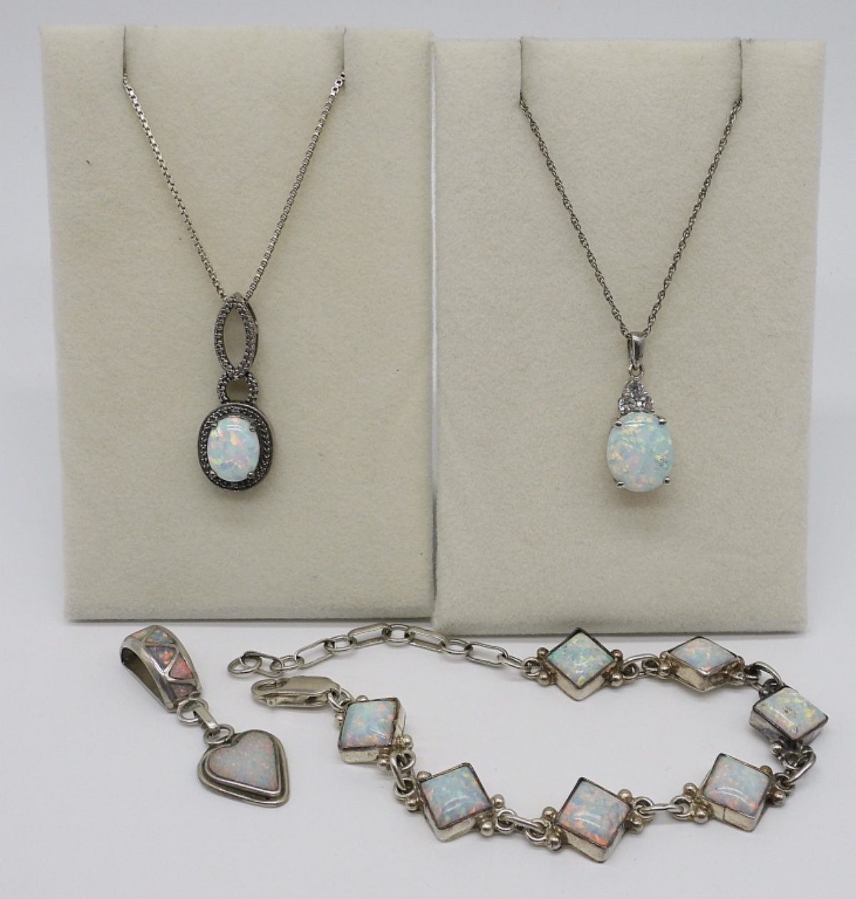 Four Sterling Opal Necklaces, Bracelet & Pendant