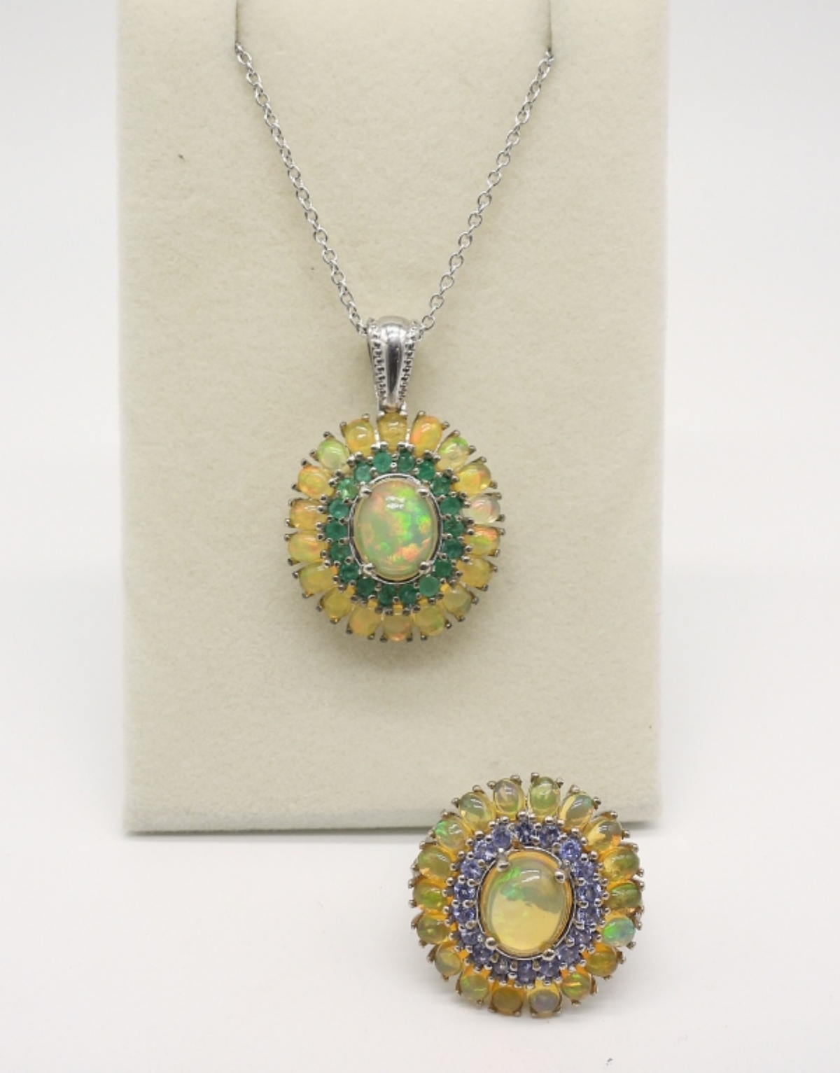 D'Joy Sterling and Opal Matching Ring & Necklace