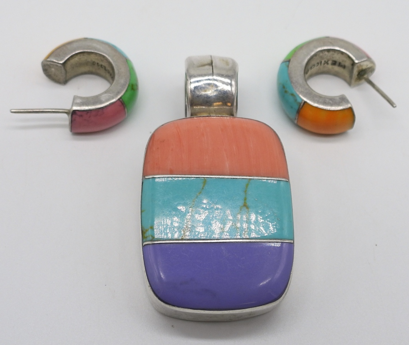 Mexico Gemstone Inlaid Pendant & Earrings