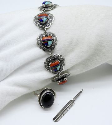 Navajo Black Onyx Ring, Bracelet & Pendant. Navajo black onyx ring, sterling, size 7. Marked RR 