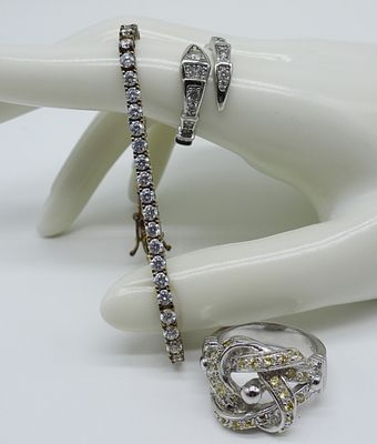 Simulated Diamond Sterling Rings & Bracelet. Simulated diamond bracelet (6.5 inches) and two 