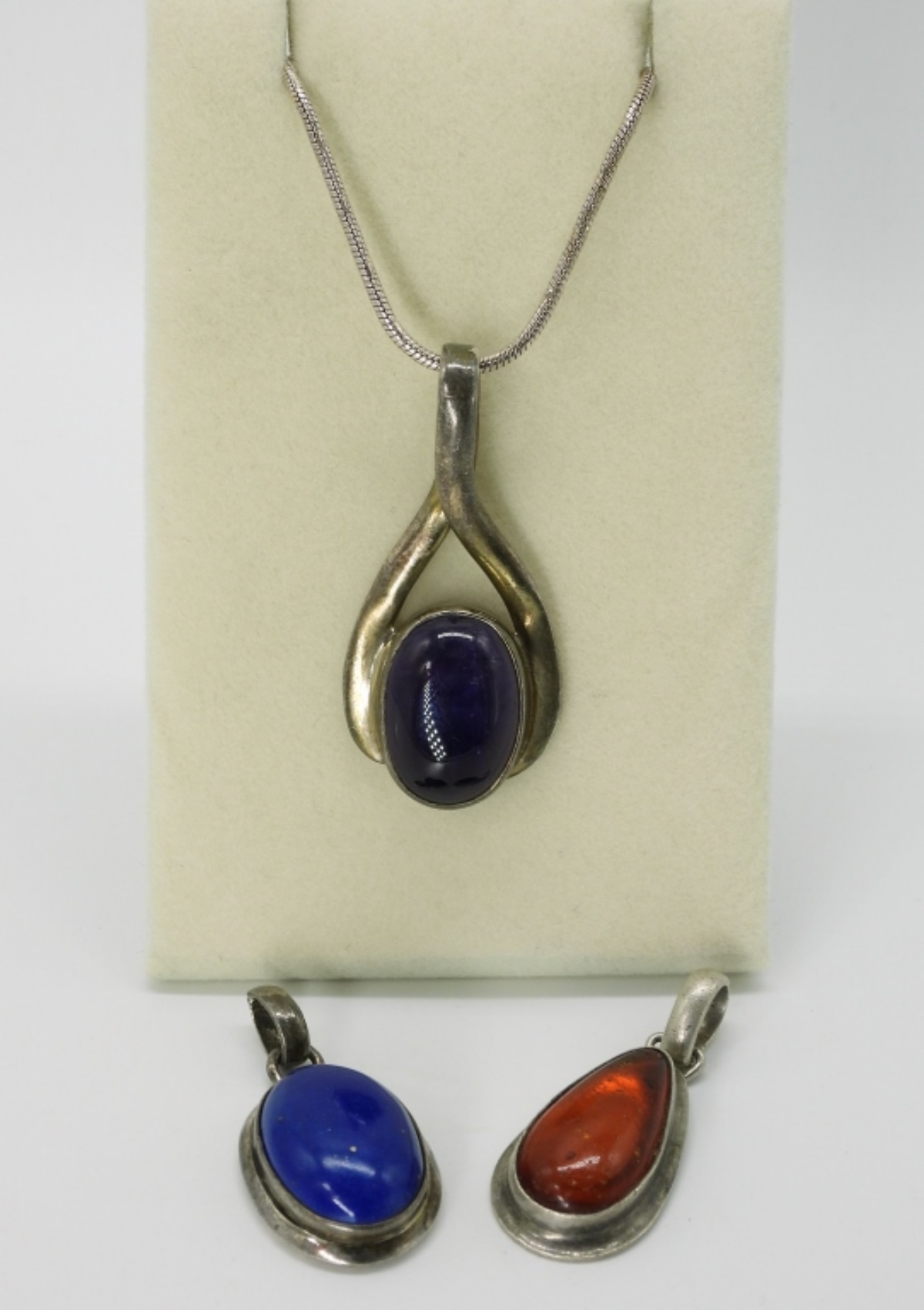 Three Vintage 925 Gemstone Pendants, One Chain