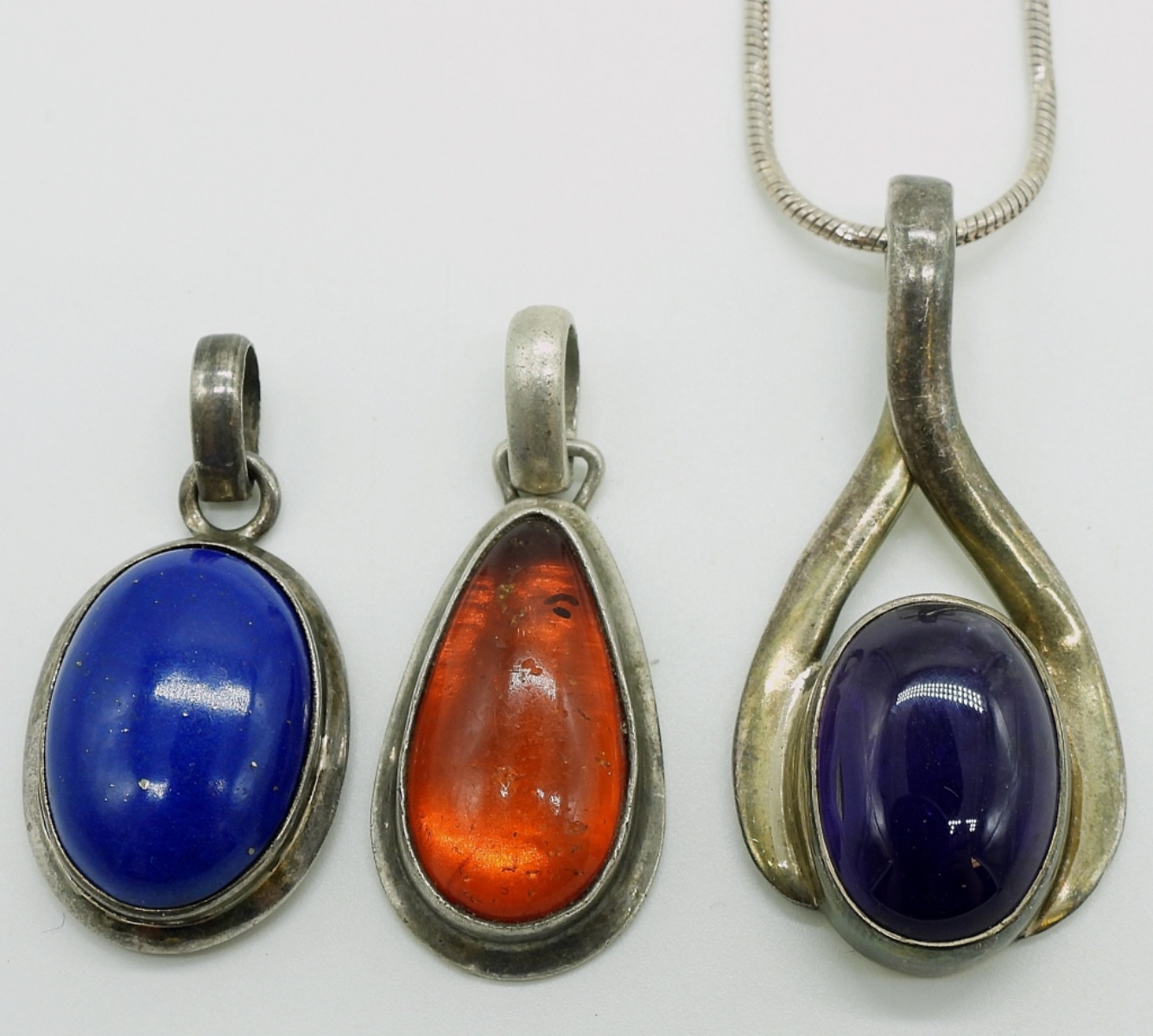 Three Vintage 925 Gemstone Pendants, One Chain