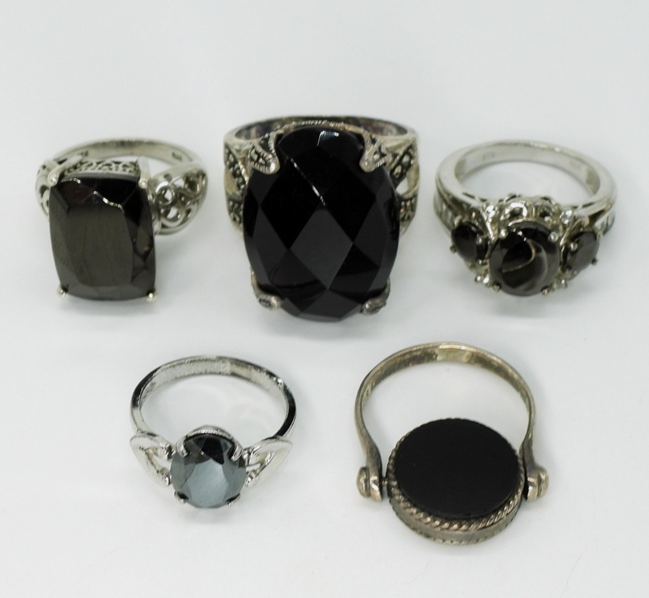 Five Sterling Black Gemstone Fashion Rings