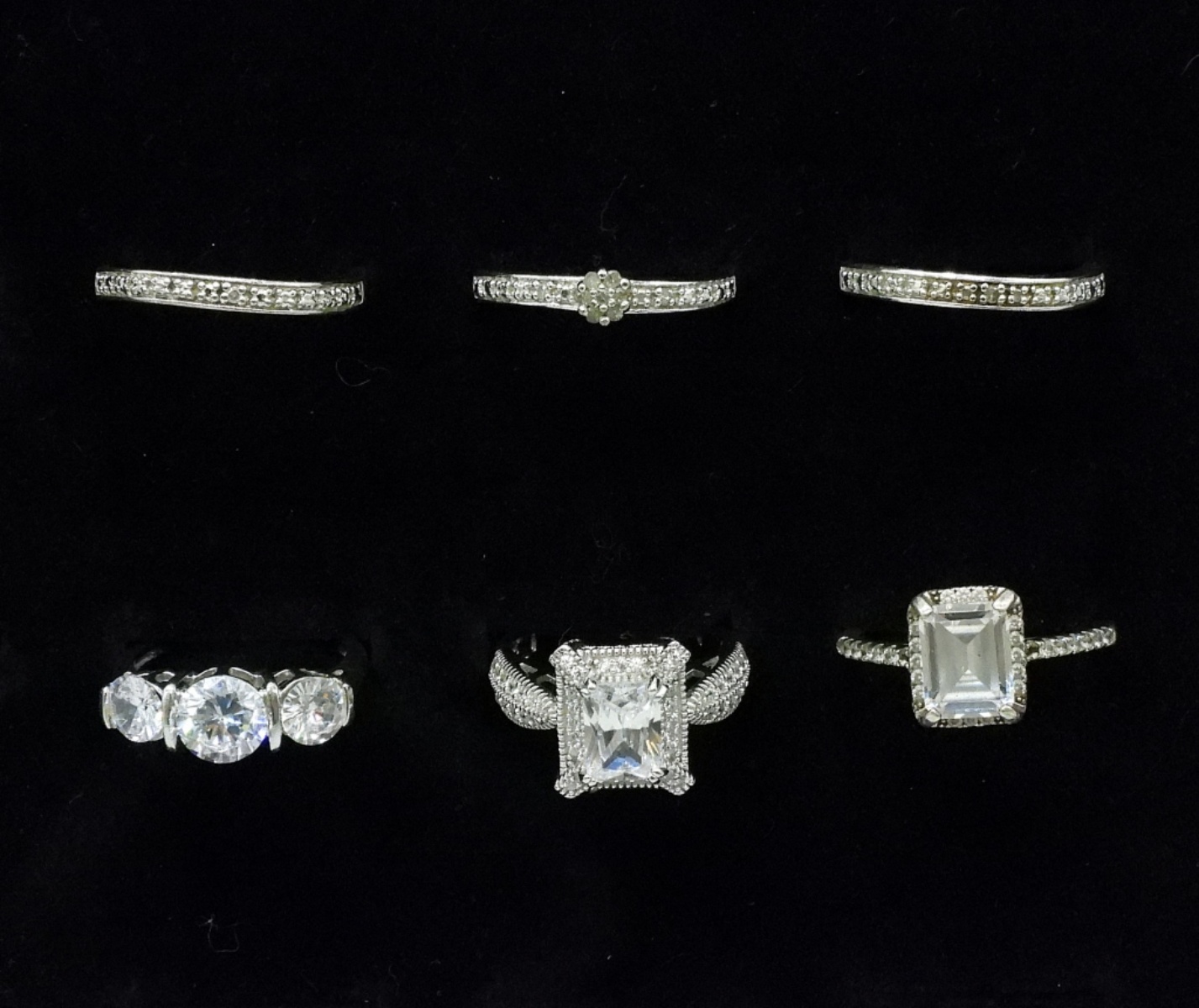 Six Sterling Simulated Diamond Rings