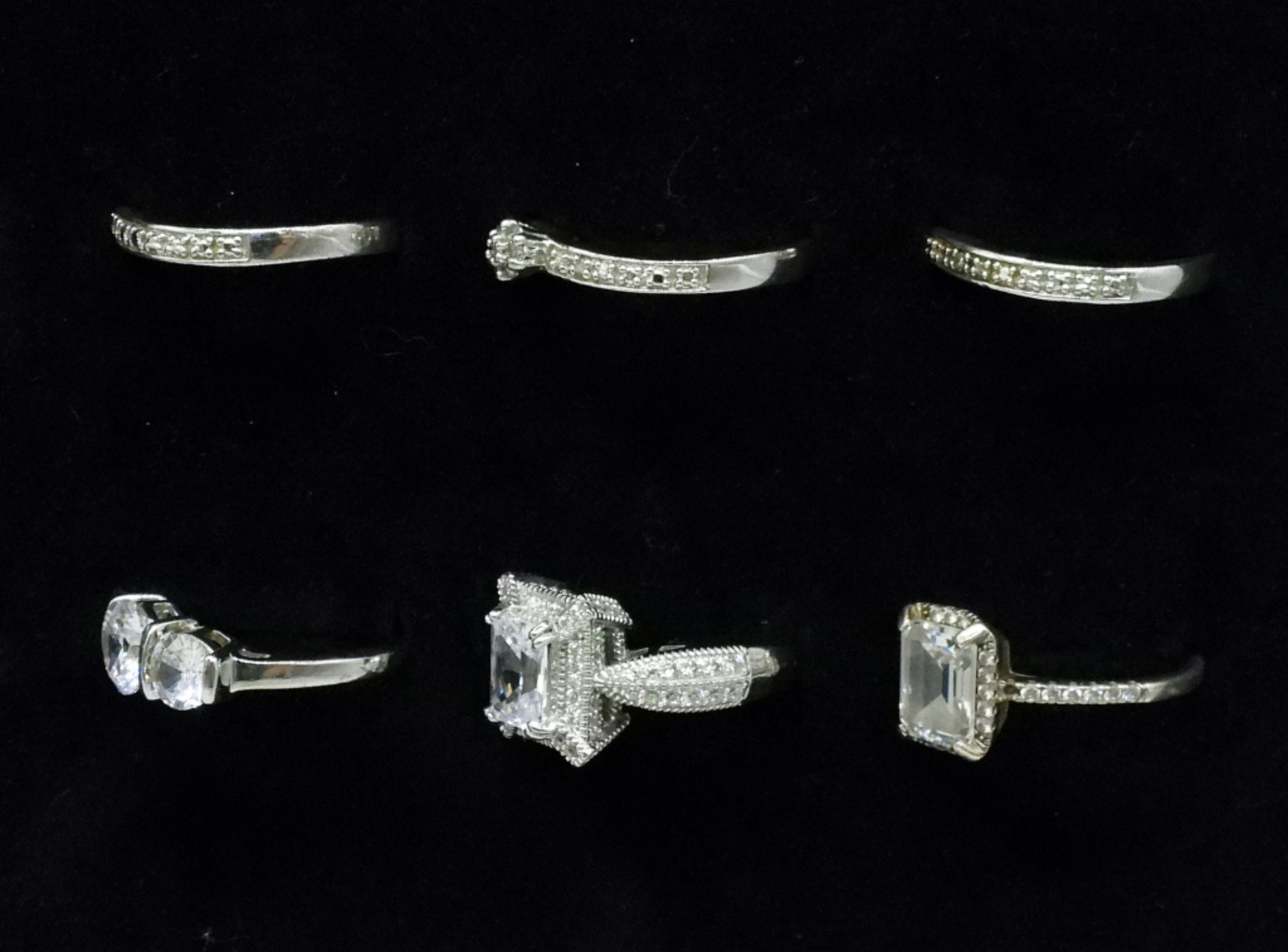 Six Sterling Simulated Diamond Rings
