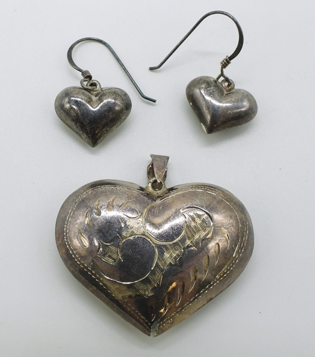 Vintage Heart Shaped Sterling Pendant & Earrings