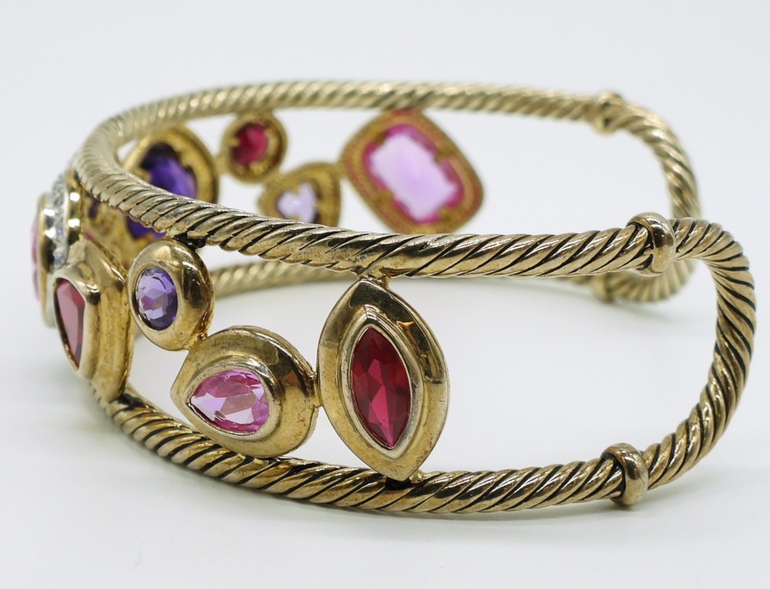 Gold Tone Sterling Multi Gemstone Cuff Bracelet