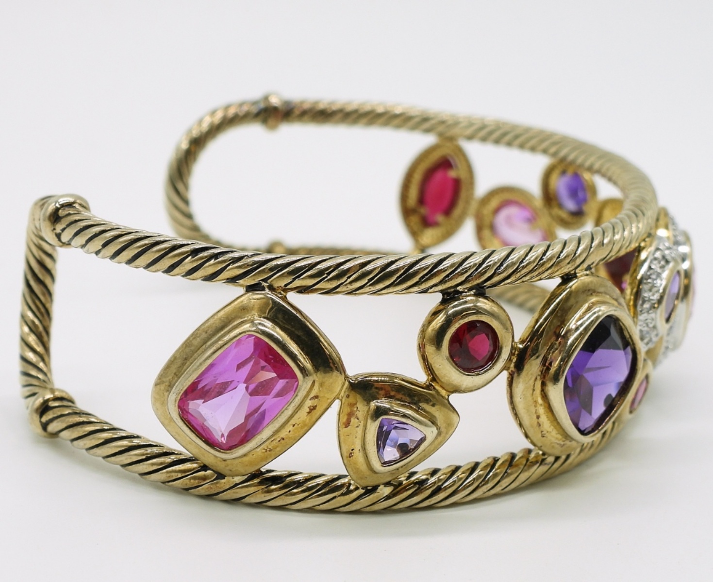 Gold Tone Sterling Multi Gemstone Cuff Bracelet