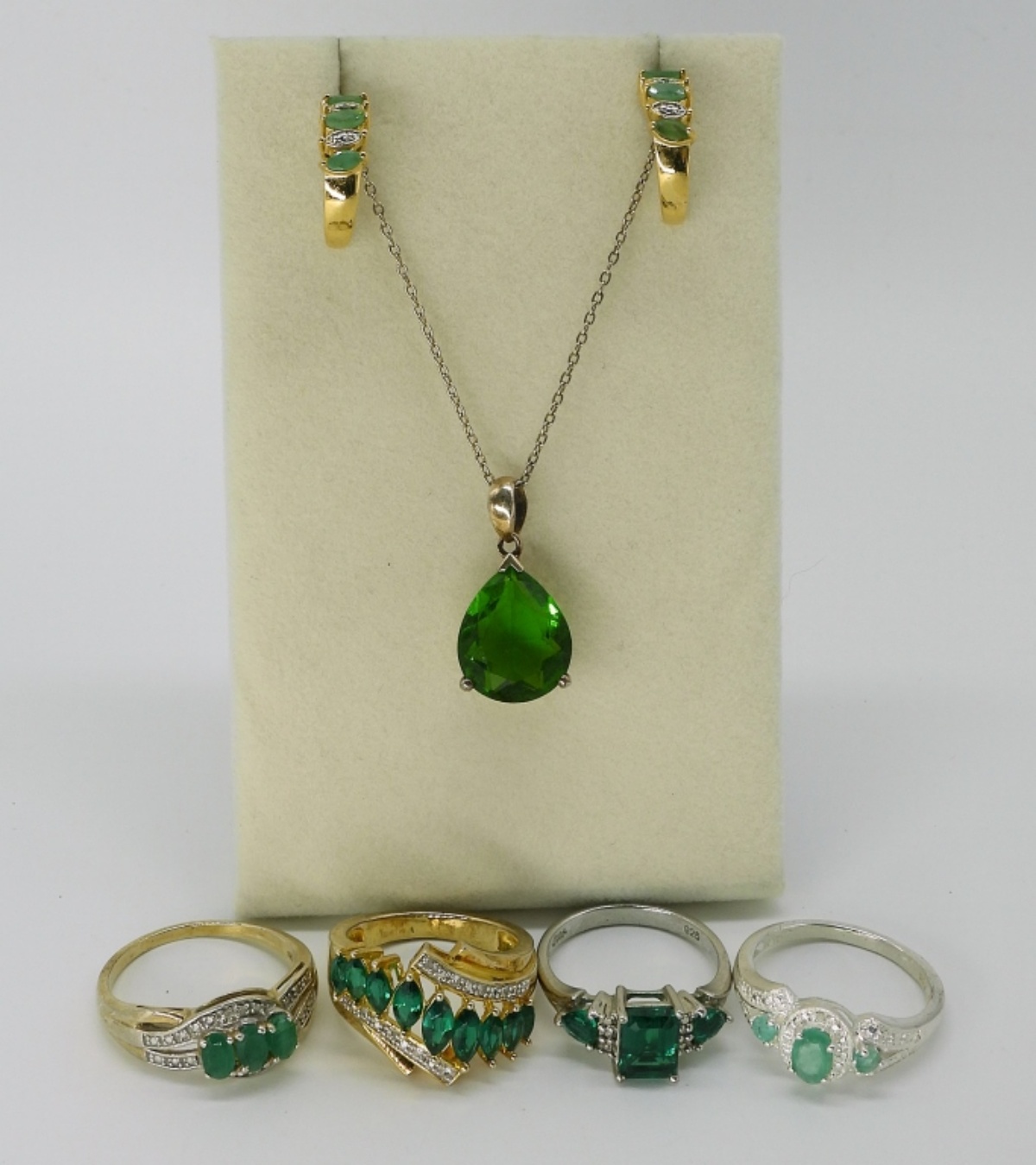 Simulated Emerald Rings, Earrings and Necklace
