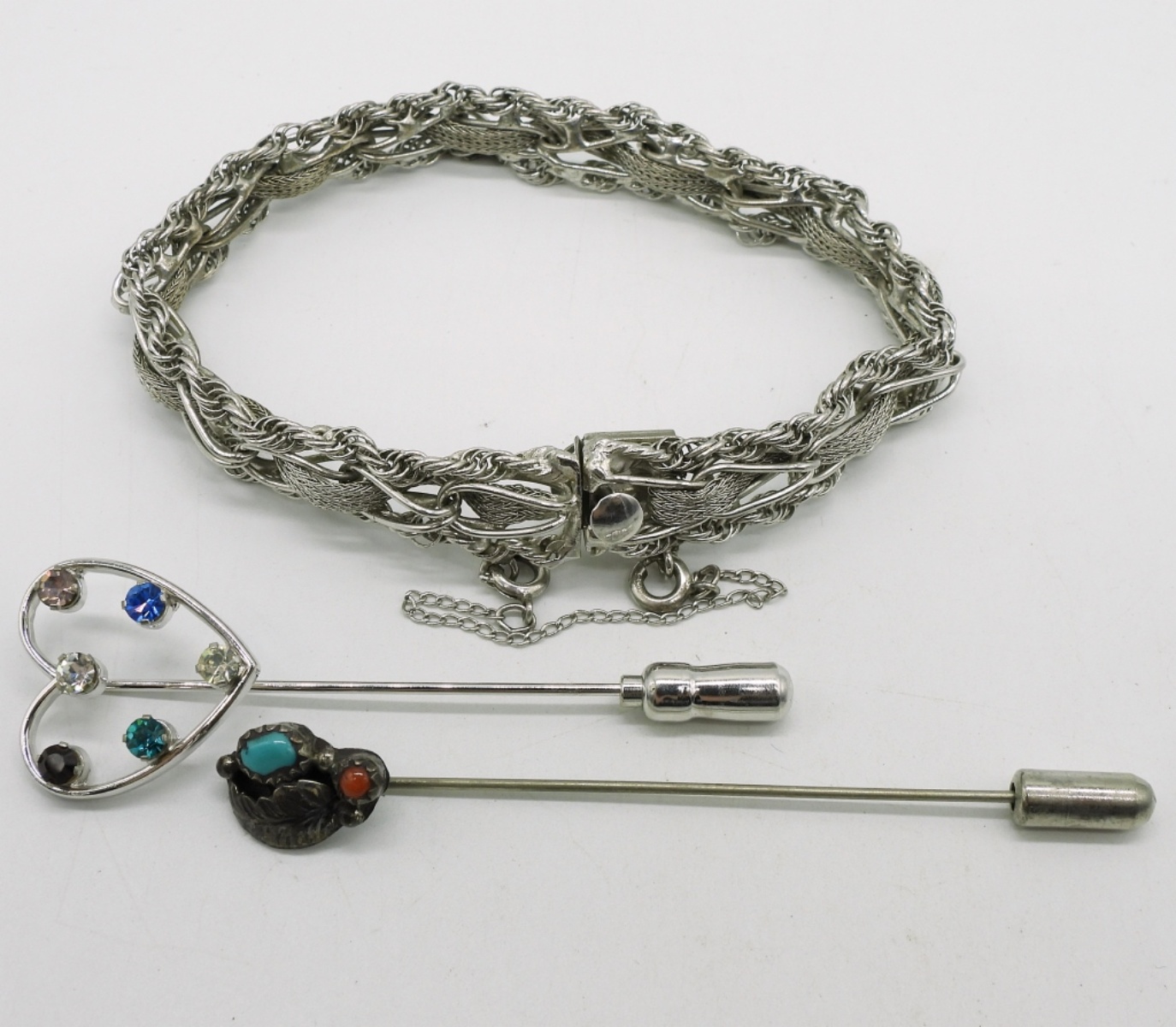 Vintage Sterling Bracelet & Two Stick Pins