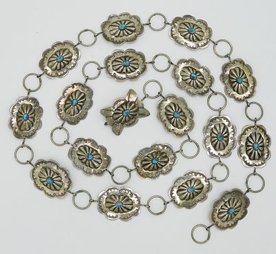 Sterling & Turquoise Belt, 39 Inches. Sterling and turquoise belt, 39 inches long. Marked 