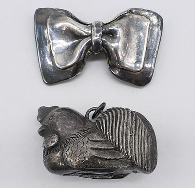 Puffed Sterling Bow Brooch & Chicken Pendant. Puffed sterling bow shaped brooch, 2 1/4" wide 