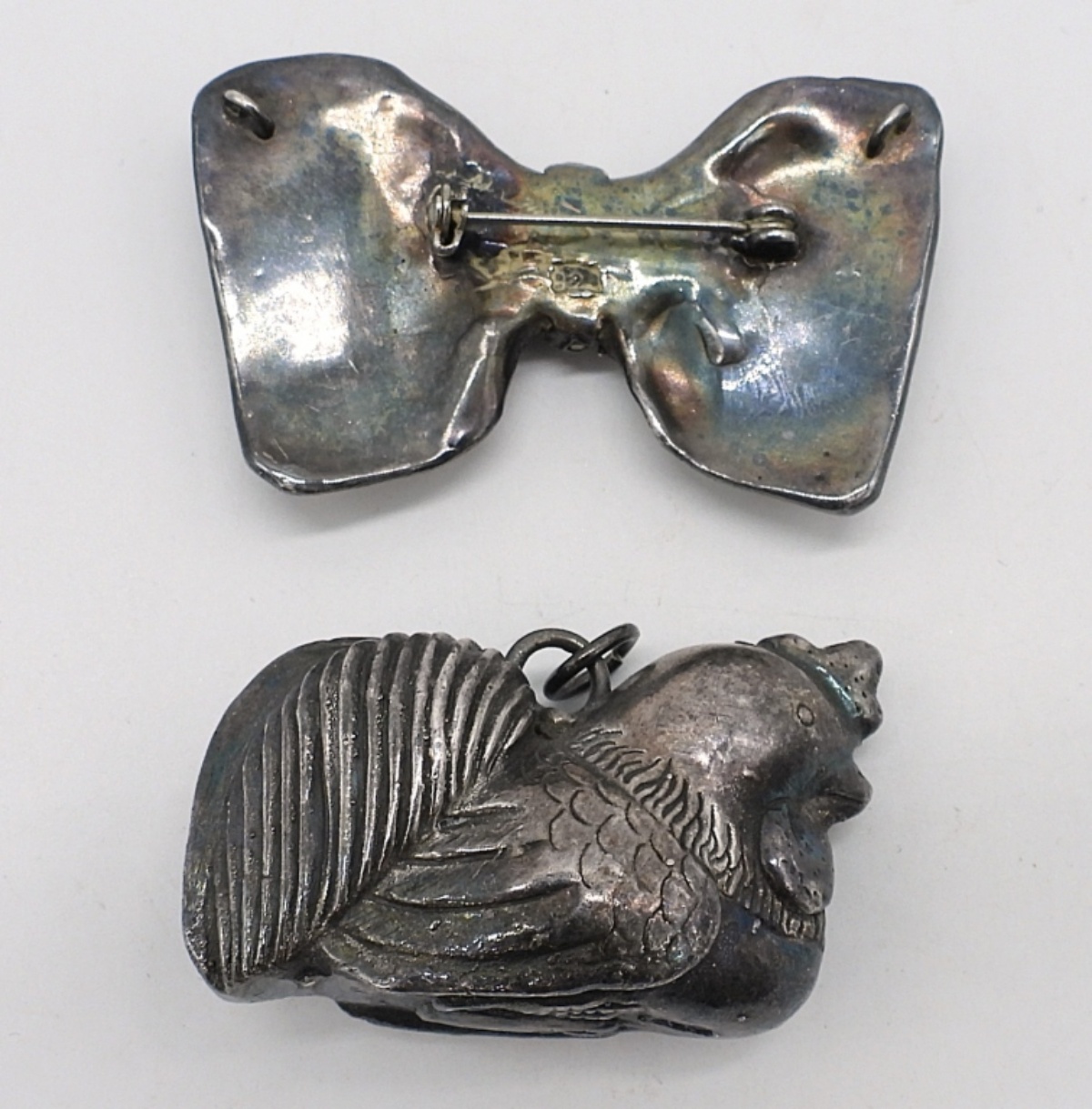 Puffed Sterling Bow Brooch & Chicken Pendant