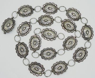 L. Blackgoat, Navajo Sterling Belt, 37 Inches. Navajo artist, L. Blackgoat signed sterling belt 