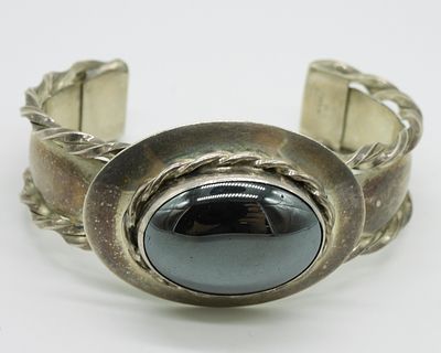 Sterling Hematite Cuff Bracelet. Vintage sterling cuff bracelet with large hematite cabochon 
