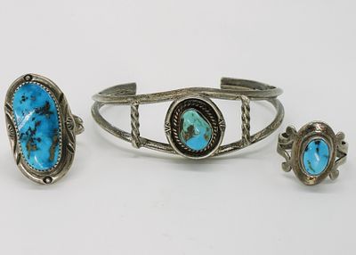 Vintage Navajo Turquoise Cuff & Rings. Vintage sterling cuff bracelet and two rings. Cuff 
