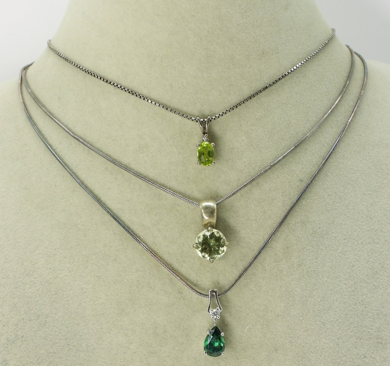 3 Sterling Green Gemstone Pendant Necklaces