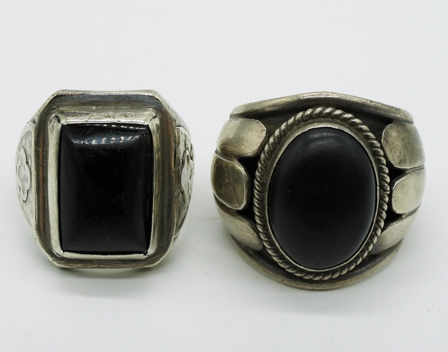 Two Vintage Sterling Black Onyx Rings