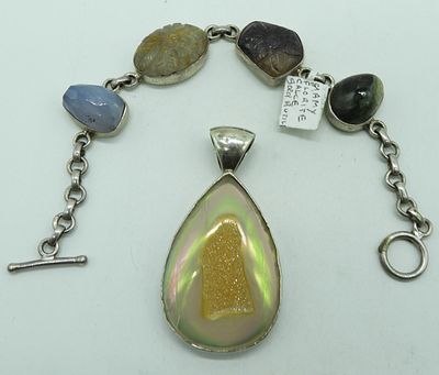 Multi Gemstone 925 Bracelet & Pendant. White druzy gemstone sterling pendant, 2.5" long. 