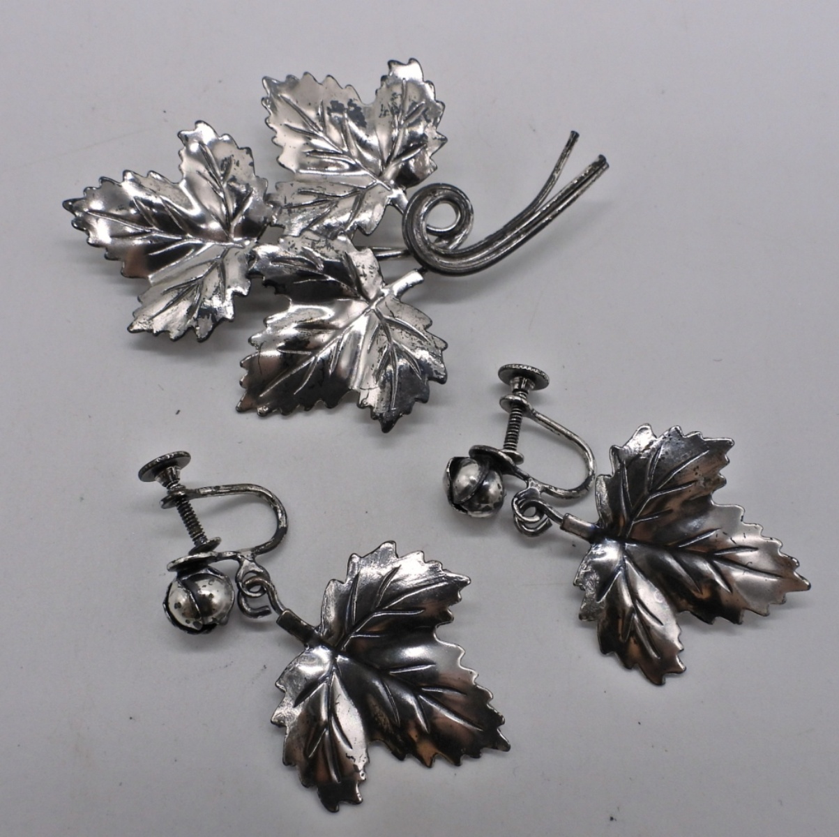 Sterling Maple Leaf Pin & Earrings