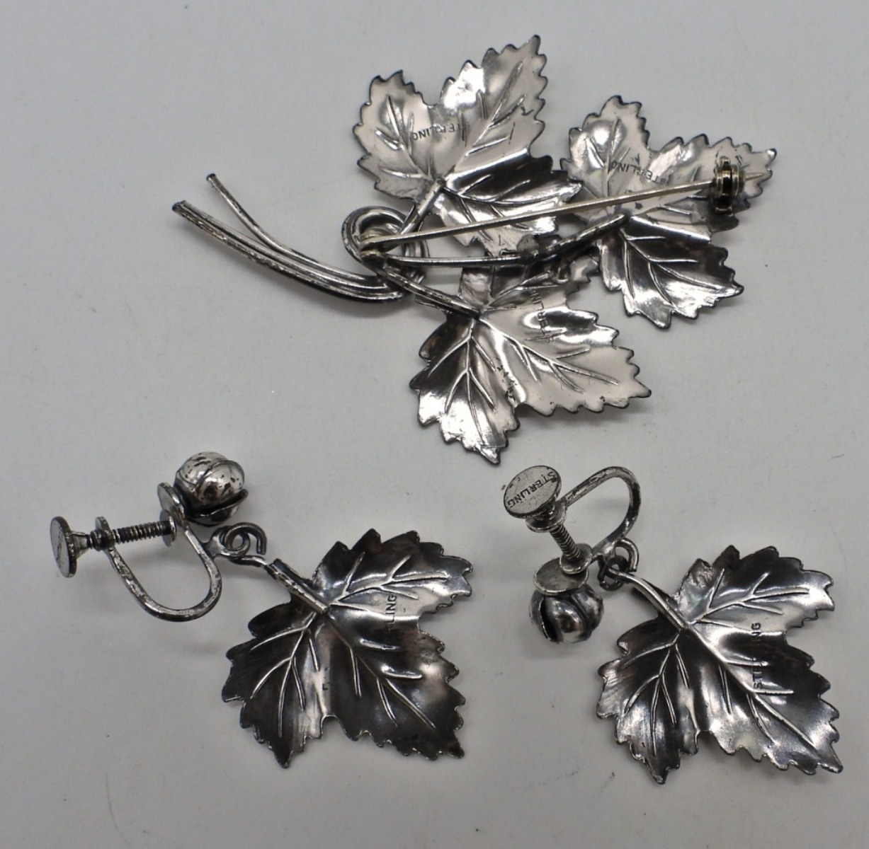 Sterling Maple Leaf Pin & Earrings